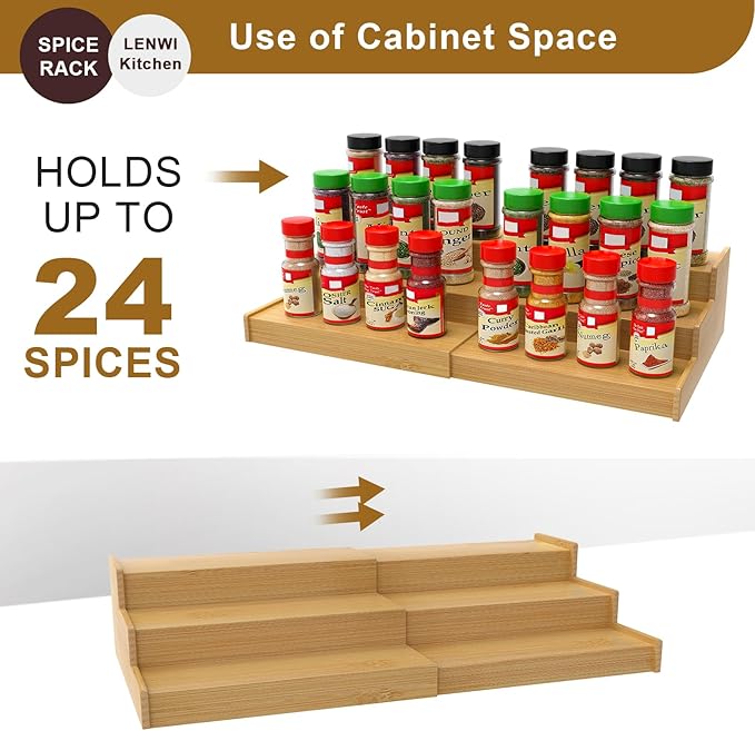Spice Rack Organizer for Cabinet 2Pack, 3 Tier Expandable Bamboo Spice Storage, Great for Kitchen Cabinet, Cupboard,Pantry and More(Natrual)