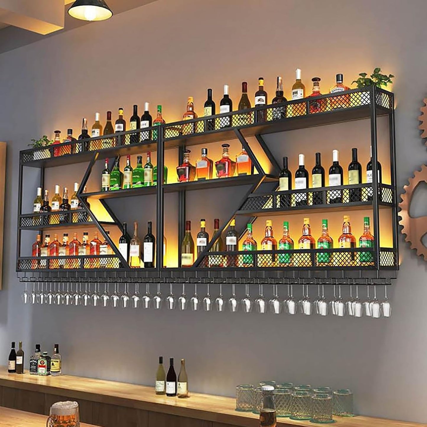 Wall Mounted Wine Rack with Glass Holder, 3-Tier Metal Storage Shelf, Black Diamond Design, Wine Bottle Display with Stemware Storage (Black, 94.48in/240)