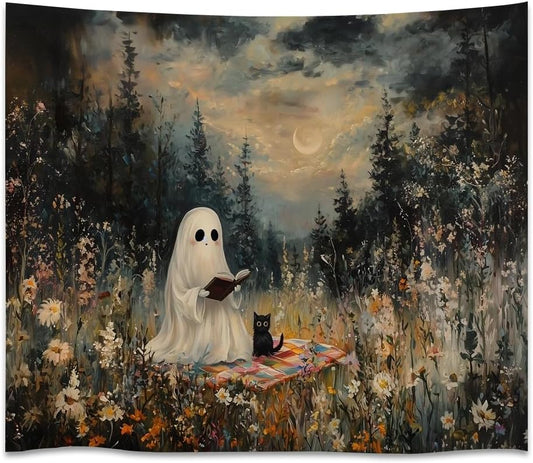 Halloween Ghost and Black Cat Tapestry Wall Hanging Spooky Ghos Reading Book in Wildflowers Wall Decor Halloween Witchy Room Aesthetic Tapestries for Goth Living Room Bedroom Decoration 50x60inch