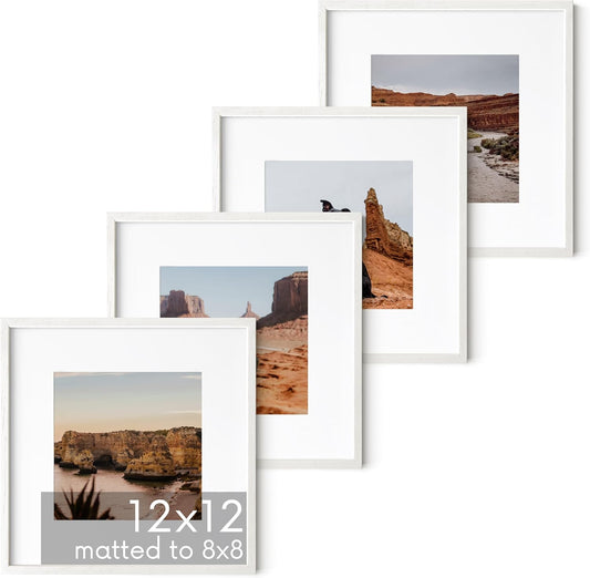 HAUS AND HUES Solid Oak Wood 12”x12” Picture Frames Matted to 8”x8” Set of 4-12x12 White Square Frames, White Wood Picture Frames, White Picture Frames for Wall, 12 x 12 Frames, Square Picture Frames