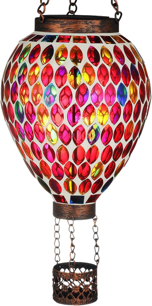 VOREEN Hot Air Balloon Solar Lantern, Mosaic Solar Outdoor Hanging Wind Light, Waterproof, Patio Festive Decor, Gift for Mom Wife Friend, Red
