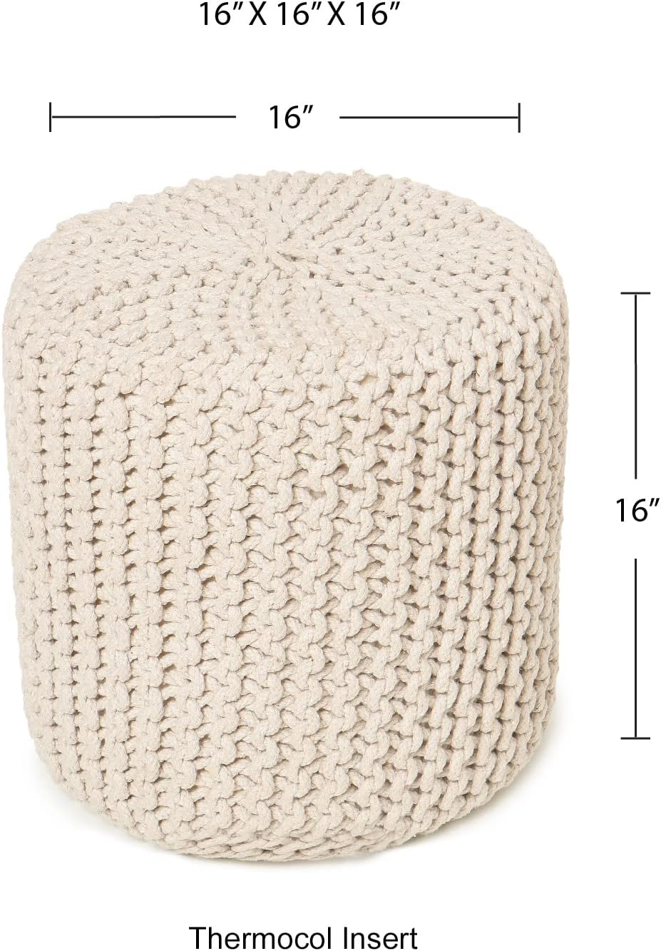 REDEARTH Cylindrical Hand Knitted Pouf - Foot Stool Ottoman - Cord Boho Pouffe - Cotton Round Poof for Home Decor - Living Room - Nursery - Bedroom - Patio (16" x 16" x 16") - Ivory