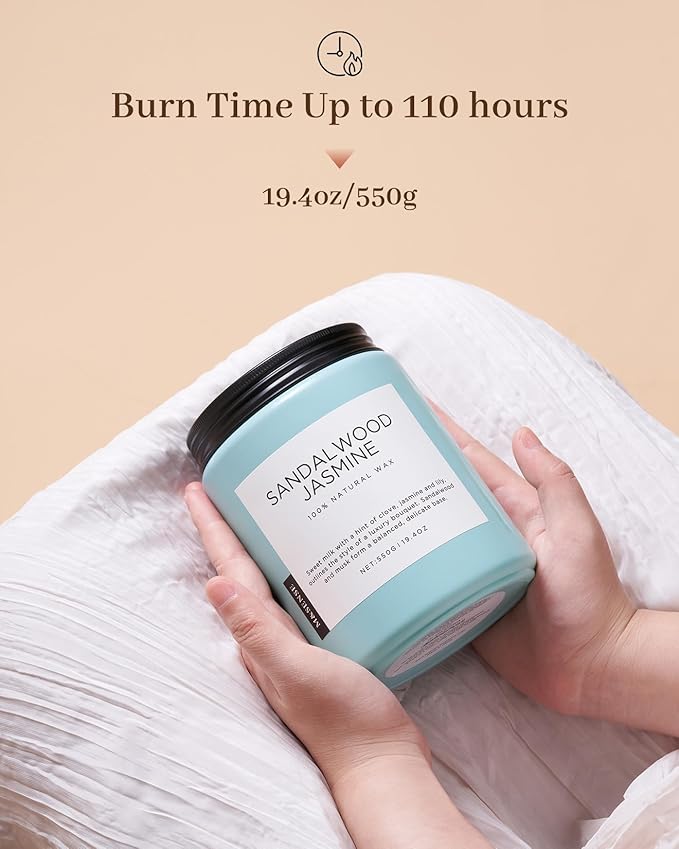 M&SENSE Sandalwood Jasmine Scented Candles, Large Soy Natural Long Lasting 19.4oz 110 Hour Burning Floral Non Toxic Double Wick Aromatherapy Candle Gifts for Women Friend