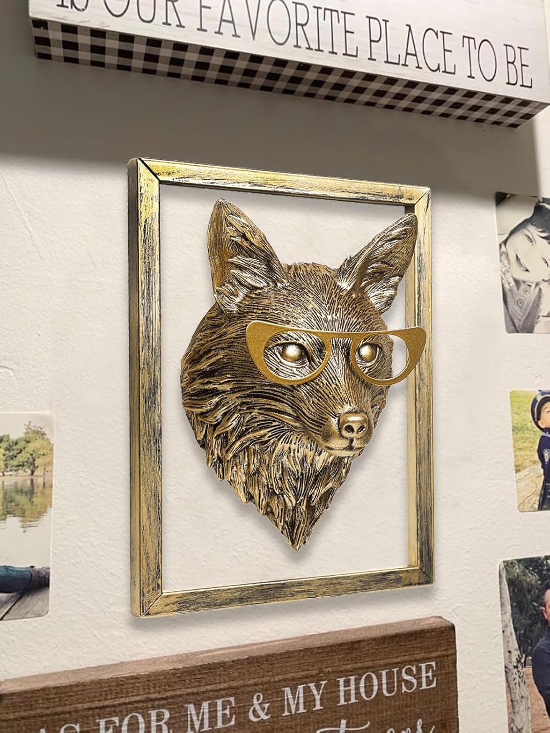 Animal Heads Wall Decor (Includes Metal Frame) Resin Animals Sculptures Head Wall Hanging Decoration Gold vintage Wall Sculpture for Living Room Bedroom Office(Fox)