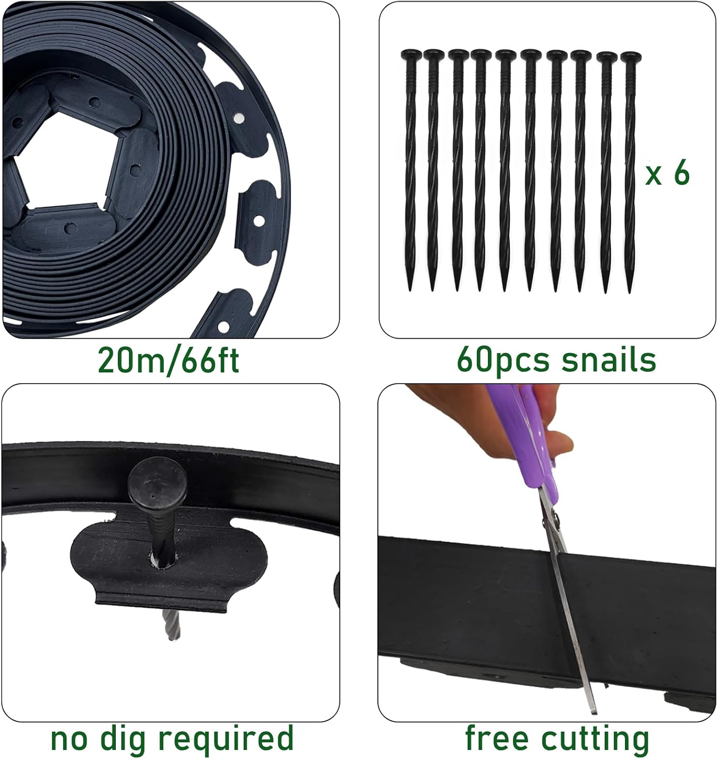 Landscape Edging 66ft, 2IN Tall Garden Edging with 60pcs Archoring Spikes, Flexible Lawn Edging Borders Kits, Plastic Edging for Landscaping, Garden Fence, Flower Beds, Paving Edging, Black