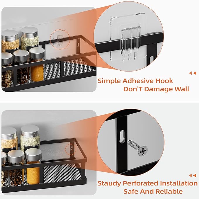 Spice Rack Wall Mounted, 4 Pack Pantry Door Organizer & Hanging Storage Baskets Organizer Wall Mount, Large Capacity Metal Spice Shelf for Kitchen Cabinet, Bathroom, Shower, Home Decor