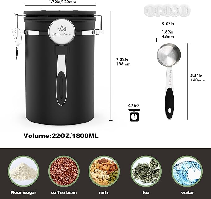 Coffee Canister with Scoop,Date Tracker 304 Stainless Steel Airtight Container One-Way CO2 Valve for Coffee Beans,Tea,Sugar,Kitchen Storage (Black, 22oz)