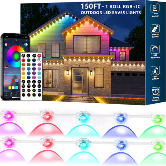 Permanent Outdoor Lights,150ft RGB + IC Smart LED Eaves Lights with App & Remote Control, IP67 Waterproof,for Christmas and All Holiday Decor,Daily and Accent Lighting,House Roof and Garden Lighting