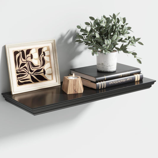Floating Shelves for Wall, 24 Inch Long Wall Mounted Black Hanging Shelf for Kitchen, Living Room, Office, Bedroom, Bathroom, Retro Vintage Wood Bookshelf for House Decor