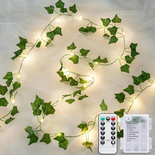 JMEXSUSS 33Ft Vines with Lights Battery Operated, 100 LED Ivy Vines with Fairy Lights Leaf with Remote for Bedroom Wall Classroom Dorm Wedding Birthday Party Decor(Warm White)