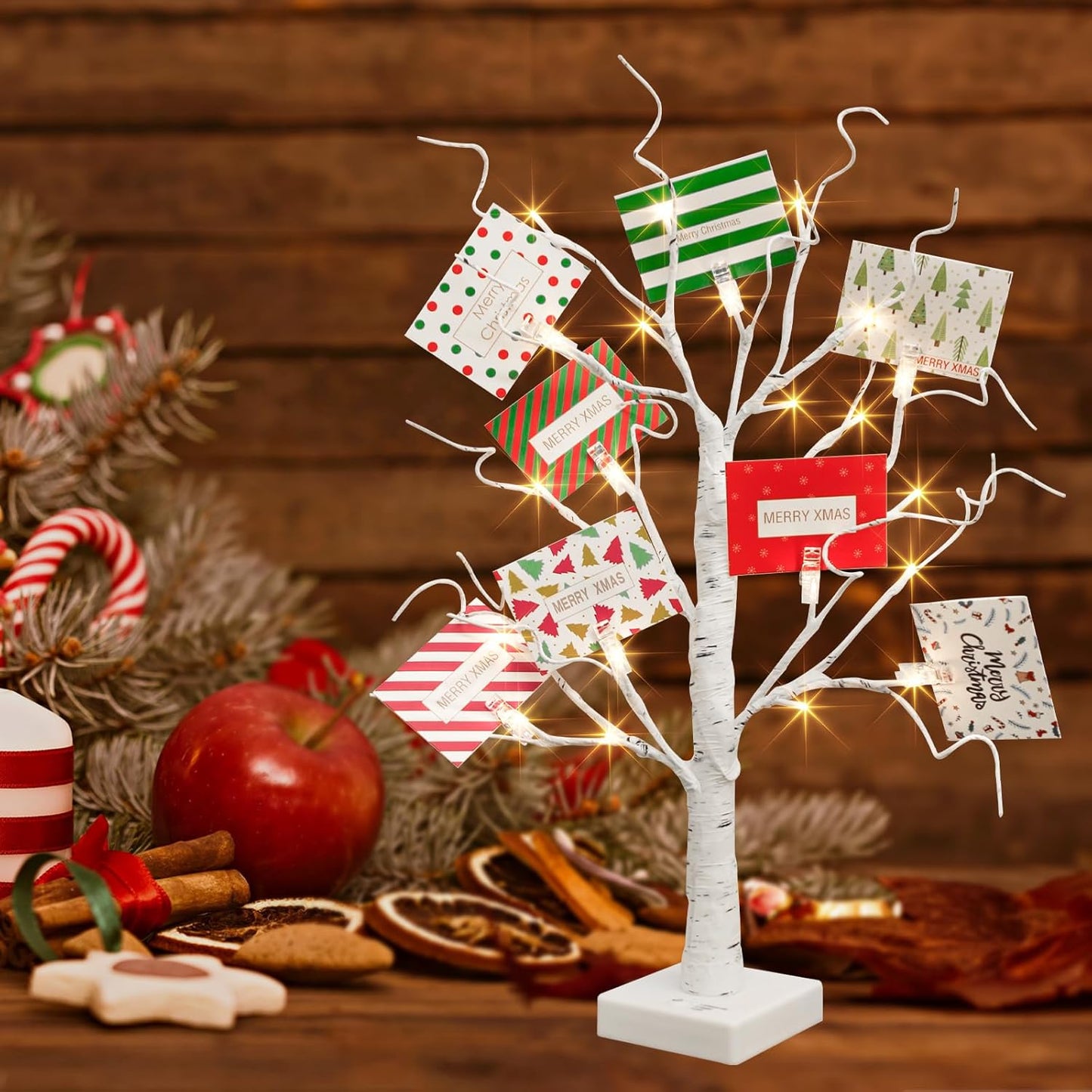EAMBRITE Christmas Tree with Gift Cards, Money Tree Gift Holder, White Lighted Birch Tree Tabletop 2 FT 24 LED, Light Up Display Twig Gift Card Tree with 8 Clear Clips for Home Christmas Decorations