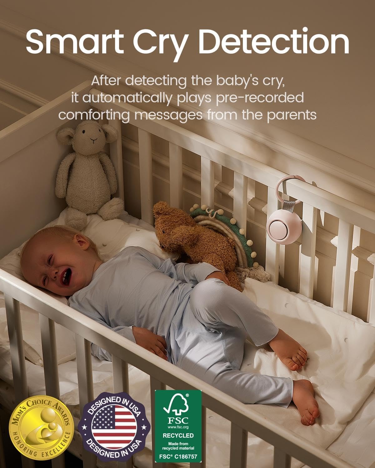 2025 Mom's Choice Awards, Portable Sound Machine for Baby Adult, AI Cry Detection, 18 Soothing Sound, Bluetooth Rechargeable White Noise Machine for Home Office Travel, Nursery Light, Pink