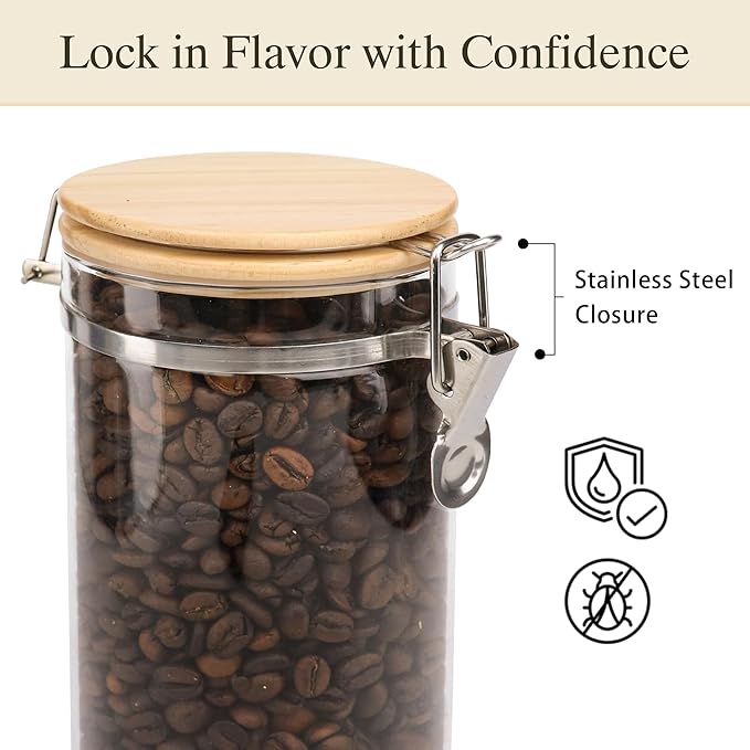 Glass Storage Jars Set Elegant Containers with Airtight Bamboo Lids, Perfect for Kitchen Organization - Flour, Rice, Pasta, Sugar, Coffee Beans, Accessories Included (Coffee Jar x 2)