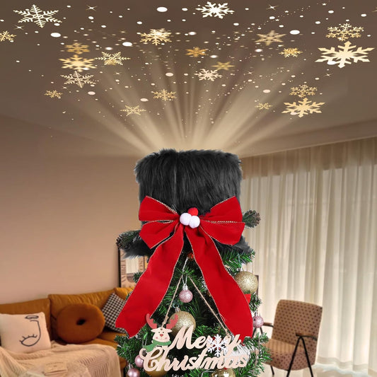 Christmas Tree Topper Hat with 3D LED Rotating Snowflake Projector, Black Plush Tree Toppers Red Bow Decorations for Christmas Tree Holiday Winter Party Home Indoor Decorations
