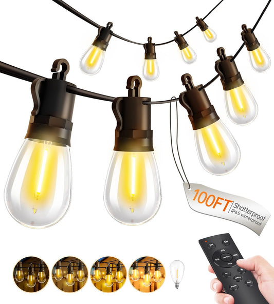 Outdoor String Lights Patio LED Light Outside - 30M 28+2 S14 LED with Remote Control 100ft Porch Lighting IP65 Waterproof