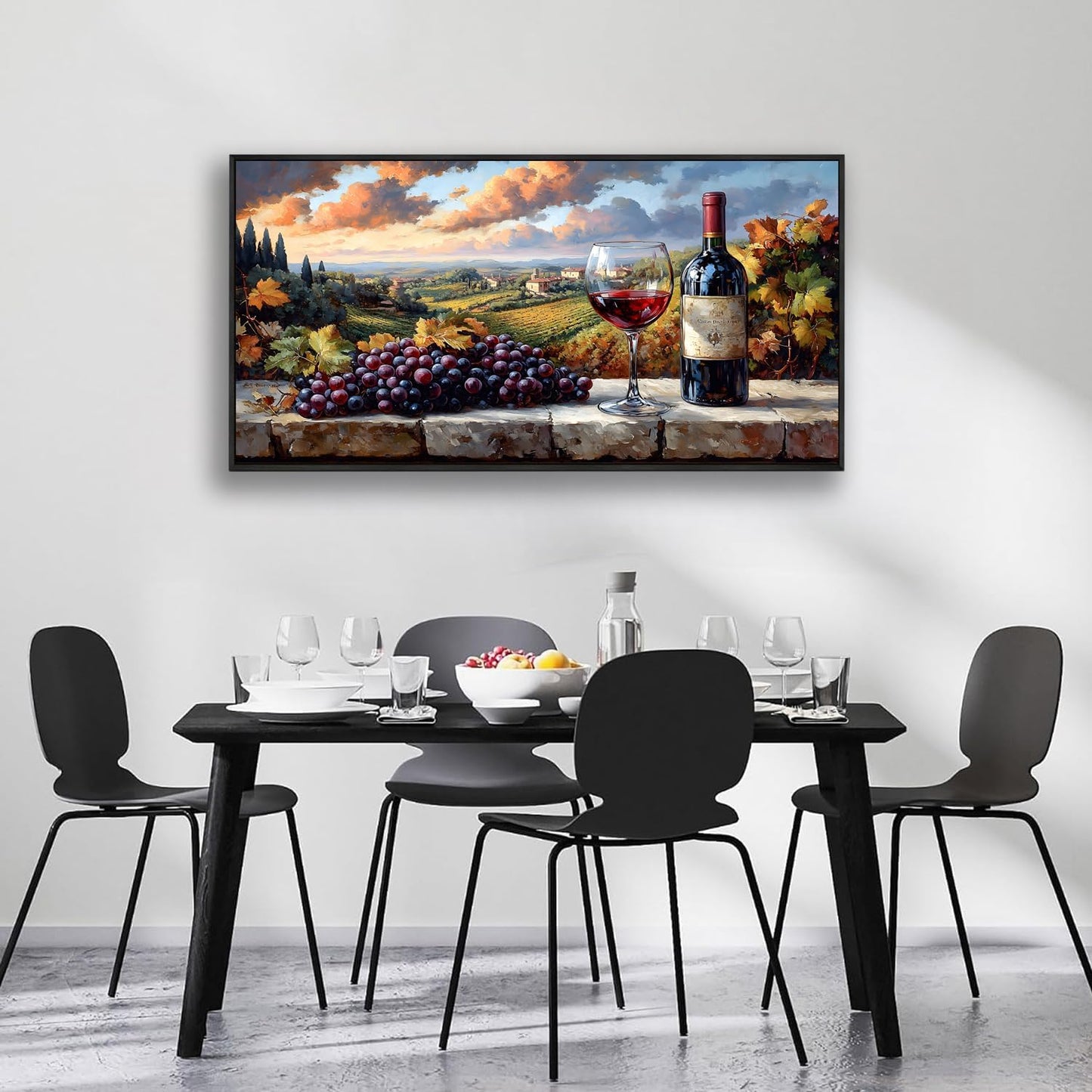 HUADAOART Kitchen Wall Decor Framed Canvas Print Grape Wine Glass Estate Wall Art for Restaurant Rural Landscape Pictures Office Home Decoration 20 x 40 inches Ready to Hang