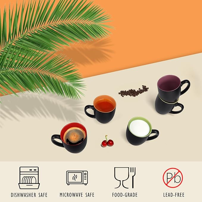 16 OZ Stoneware Coffee Mug Set of 6, Black Ceramic Mug with Different Color Inside, Colorful Porcelain Mug with Handle for Latte Espresso Cappuccino