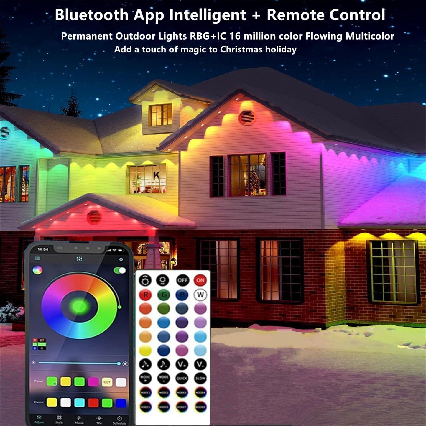 Permanent Outdoor Lights,150ft RGB + IC Smart LED Eaves Lights with App & Remote Control, IP67 Waterproof,for Christmas and All Holiday Decor,Daily and Accent Lighting,House Roof and Garden Lighting