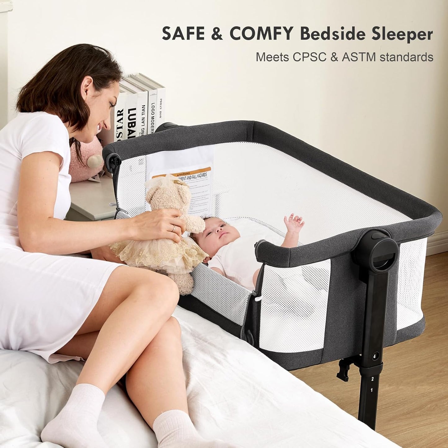 Bassinet Bedside Sleeper - All-Mesh Design, Portable Bedside Bassinet for Baby with Washable Mattress, 5 Adjustable Heights (Black)