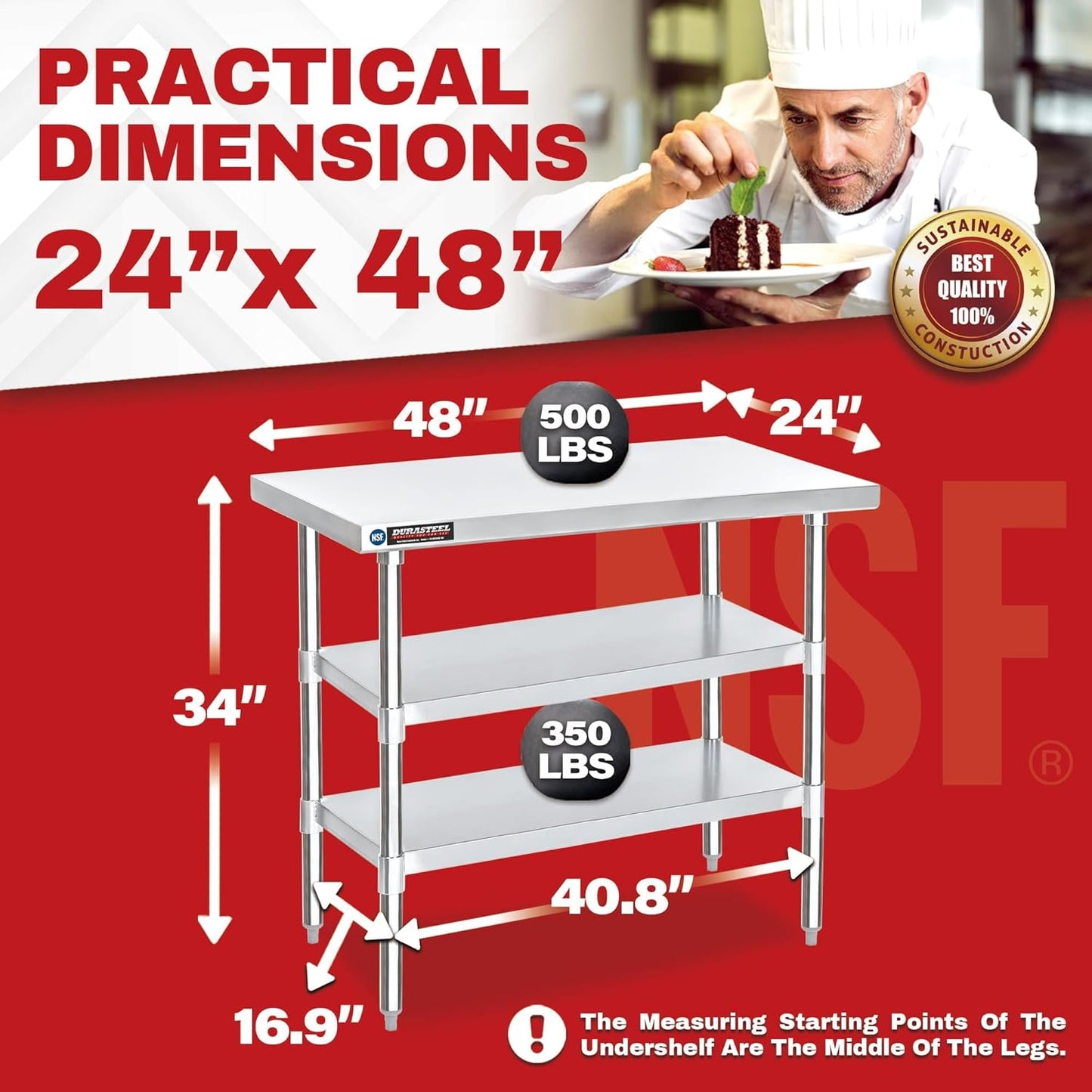 DuraSteel Food Prep Stainless Steel Table - 24 x 48 Inch Commercial Metal Workbench with Adjustable Under Shelf - NSF Certified - for Restaurant, Warehouse, Home, Kitchen, Garage