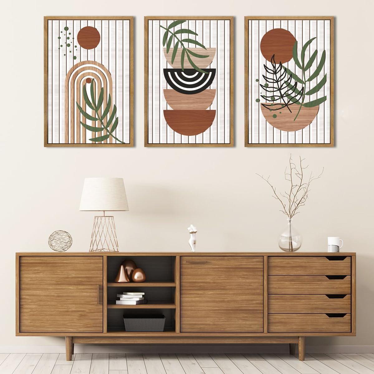 Large Boho Mid Century Wood Wall Art Set Modern Bohemian Wooden Wall Decor Minimalist Leaf Art Decor Abstract Geometric Wall Sculptures for Living Room Bedroom Office-16x24Inchx3