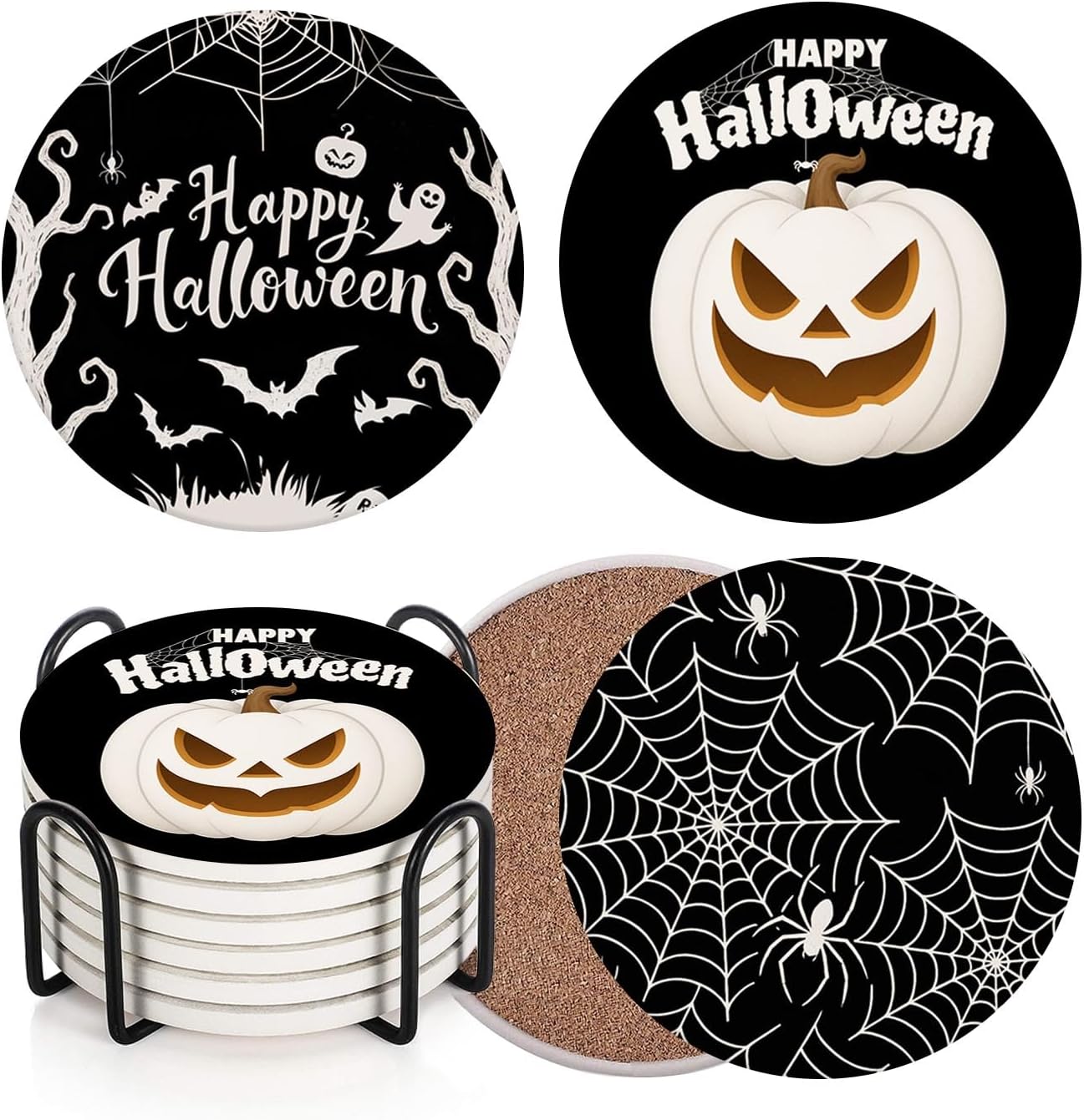 Coaster for Drinks Set of 6, Happy Halloween Pumpkin Spider Web Black Absorbent Round Ceramic Stone Mat, with Cork Base and Metal Holder, Gift for Housewarming Room Bar Decor