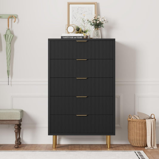 GAOMON 5 Drawer Dresser, Wood Chest of Drawers Organizer Storage with Gold Handle, Tall Storage Cabinet, Modern Design Dresser for Bedroom, Living Room, Closet, Hallway, Entryway, Black