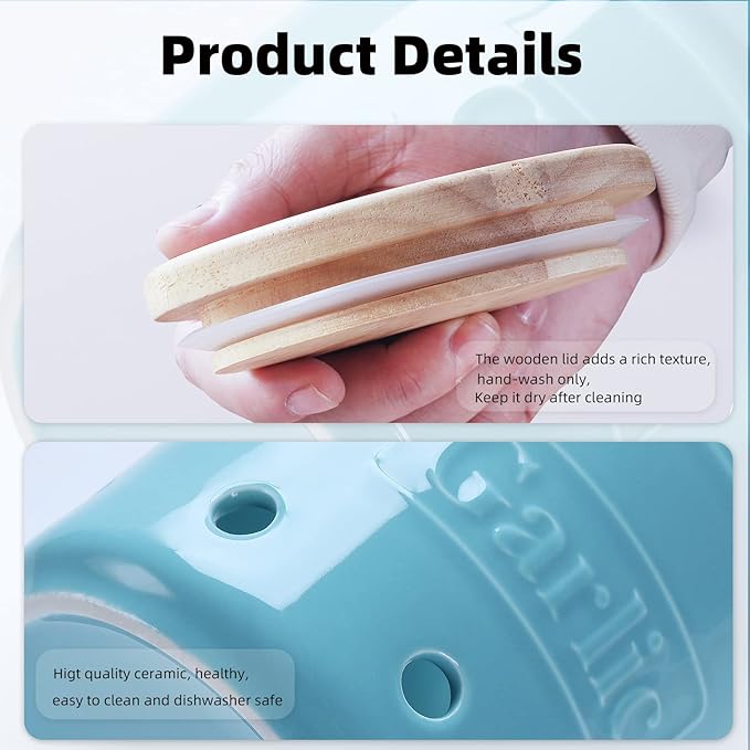 Large Garlic Keeper with Wooden Lid, Ceramic Garlic Holder Storage, Garlic Container for Kitchen, Garlic Saver to Keep Your Garlic Cloves Fresh Longer 4.5-Inch, Turquoise