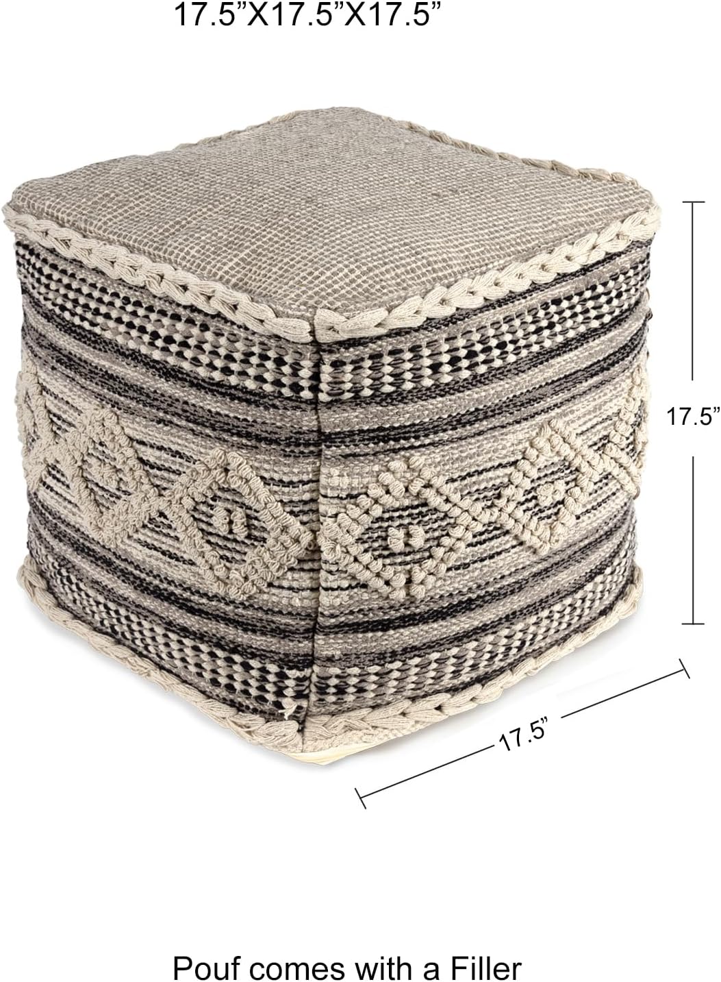 REDEARTH · Tufted Pouf Ottoman with Filler Textured Storage Cube Bean Bag Pouffe Footrest for Living Room, Bedroom, Nursery, Kidsroom; 100% Cotton (17.5"X17.5"X17.5", Diamond Virgule)