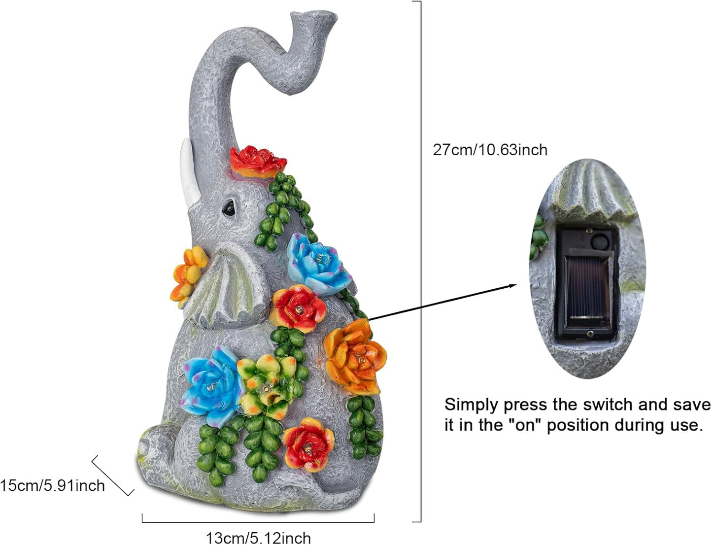 Elephant Garden Statue Solar Lamp with 8 Led Lights Decor Outdoor Resin Waterproof Sculpture Patio Lawn Yard Porch Decorations Housewarming Gifts for Women Mom Grandma