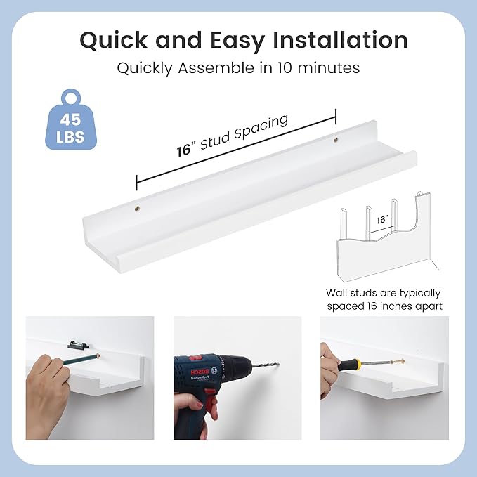 Picture Ledge Shelf for Wall, 24 inches Solid Pine Wood Nursery Book Shelves 3 Packs, Floating Ledge Shelves for Kids' Room Bedroom Bathroom Living Room Photo Frames Office Nursey Wall Decor, White