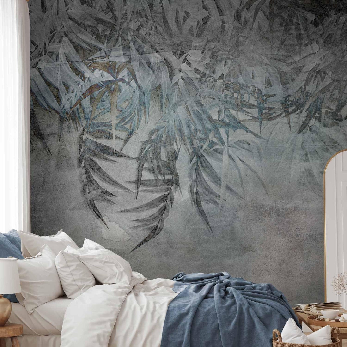 artgeist Wall Mural Leaves 116x83 in - XXL Peel and Stick Self-Adhesive Wallpaper Removable Large Sticker Foil Wall Decor Print Picture Image Design Palm Leaves Concrete Nature Grey b-C-10103-a-a