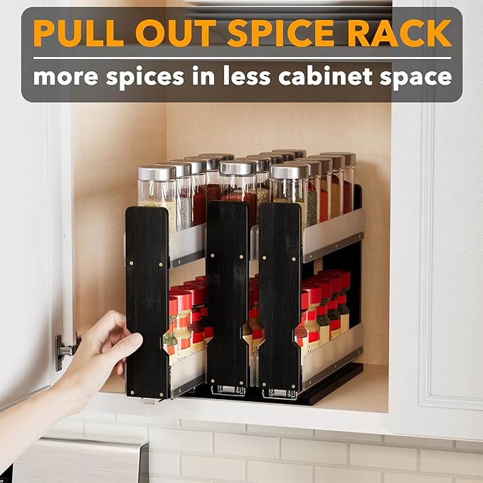SpaceAid Bamboo Pull Out Spice Rack Organizer for Cabinet, Heavy Duty Slide Out Seasoning Kitchen Pantry Sliding Vertical Organization, 7.6" Wide, 3 Drawers(2" Wide), 2-Tier, Black