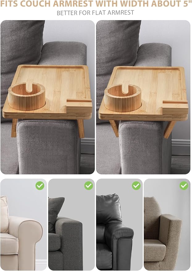 Sofa Arm Tray, Bamboo Large Couch Cup Holder, Portable Anti-Spill Sofa Armrest Tray for Beverage, Snacks, Phone, Remotes