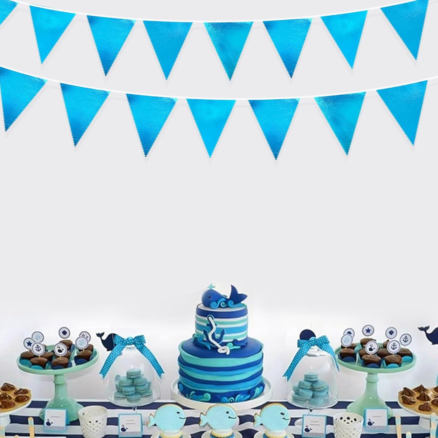 Sky Blue Party Decorations - Light Blue Triangle Pennant Banner Flag - Metallic Fabric Bunting for Graduation, Wedding, Retirement, Birthday, Under The Sea, Nautical, Ahoy, Party Decor Supplies