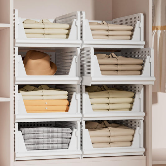 Stackable Plastic Storage Basket Closet Organizer Bin Foldable Clothes Organizer Storage Drawer Shelf Container for Living Room Bathroom Kitchen Office Laundry Room