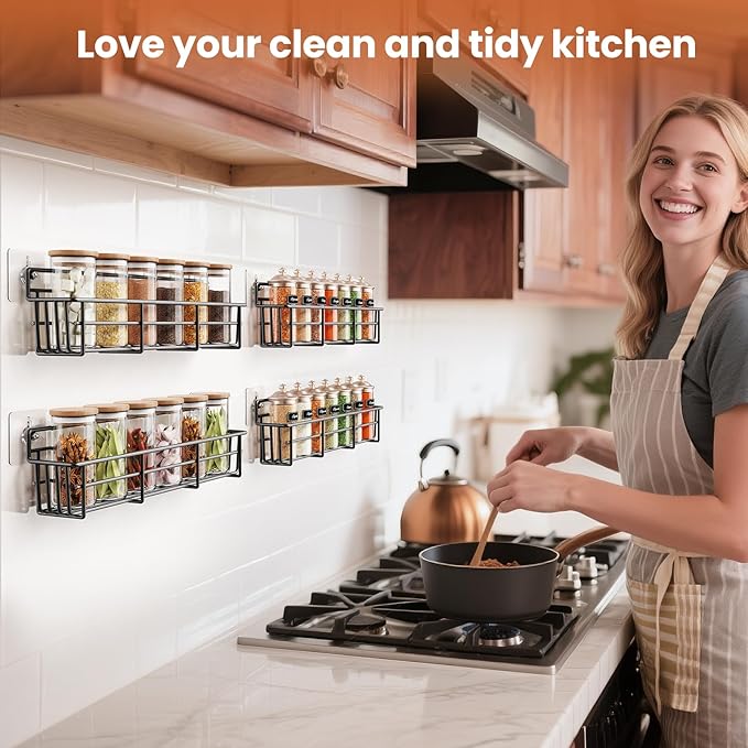 Spice Rack Organizer Wall Mount, Hanging Spice Pantry Storage Shelf Organization, 4 Pack Space Saving Seasoning Organizer for Kitchen Cabinet, Door or Bathroom, Black