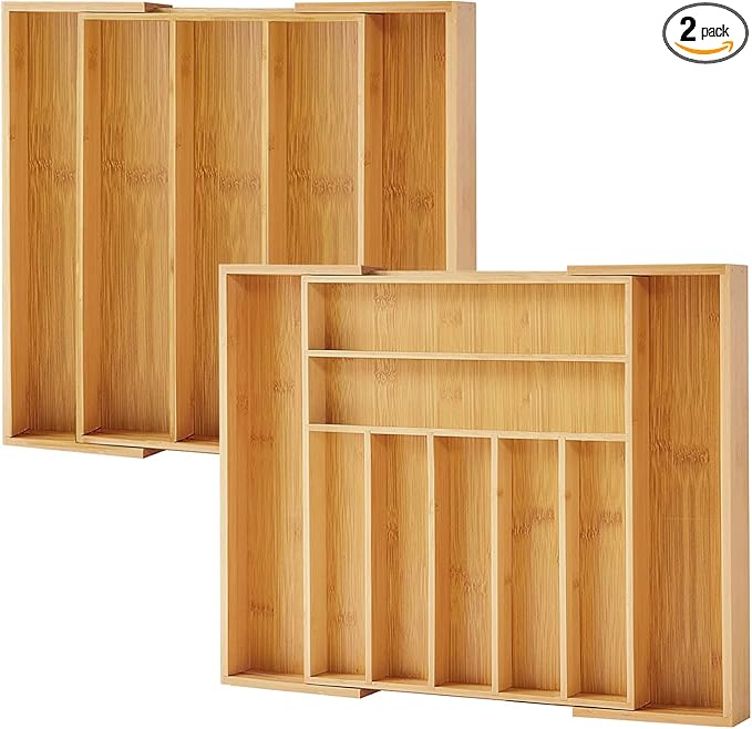 Bamboo Drawer Organizer, 2 Pack - Expandable Silverware Organizer & Utensil Drawer Organizer, Cutlery Tray with Dividers, 7-9 Slots - Premium Kitchen Organizer for Utensils & Flatware (Natural)