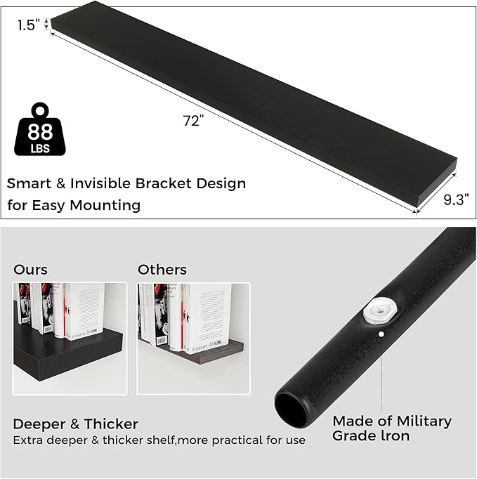 Floating Shelves for Wall, Large Wall Mounted Shelves with Invisible Brackets, Long Wood Floating Shelf for Living Room, Bedroom, Kitchen, (Black, 72" W x 9" D x 1.5" H)
