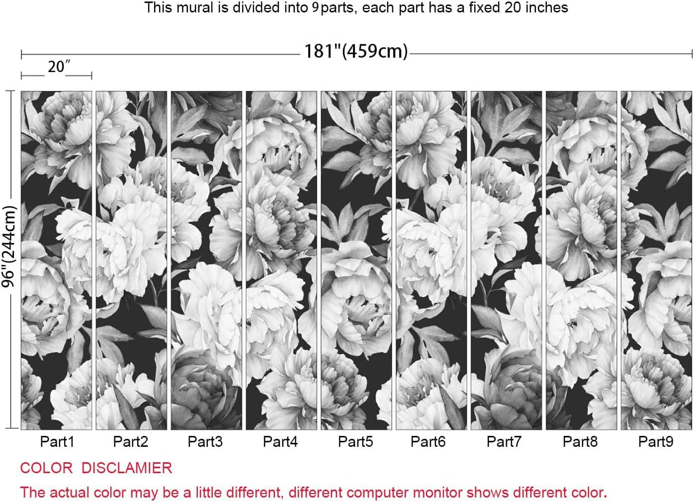 Black and White Peonies Wallpaper Watercolor Floral Mural Wallpaper for Bedroom Living Room (Not Peel n' Stick)