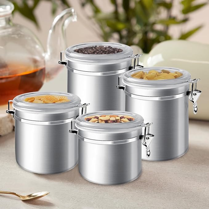 ENLOY 4-Piece Stainless Steel Airtight Food Storage Canister Set with Clear Lid, Containers Sets for Kitchen Counter for Sugar, Flour, Tea, Candy, Cookie, Spice, 28/32/38/65 oz