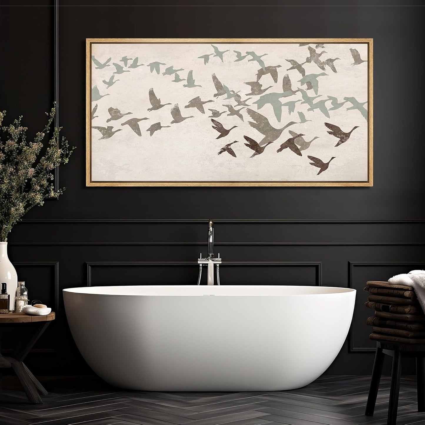 MUDECOR Extra Large Framed Canvas Print Wall Art Wild Freedom Assorted Birds in Flight Antique Retro Fine Art Illustrations Decorative Colorful for Bedroom - 60"x30"