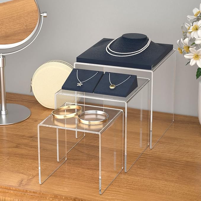 HIIMIEI Clear Acrylic Display Risers 2 Sets, 3-Tier Risers Stands Showcase for Amiibo Funko Pop Figures, Dessert, Jewelry-5"x6"x7"