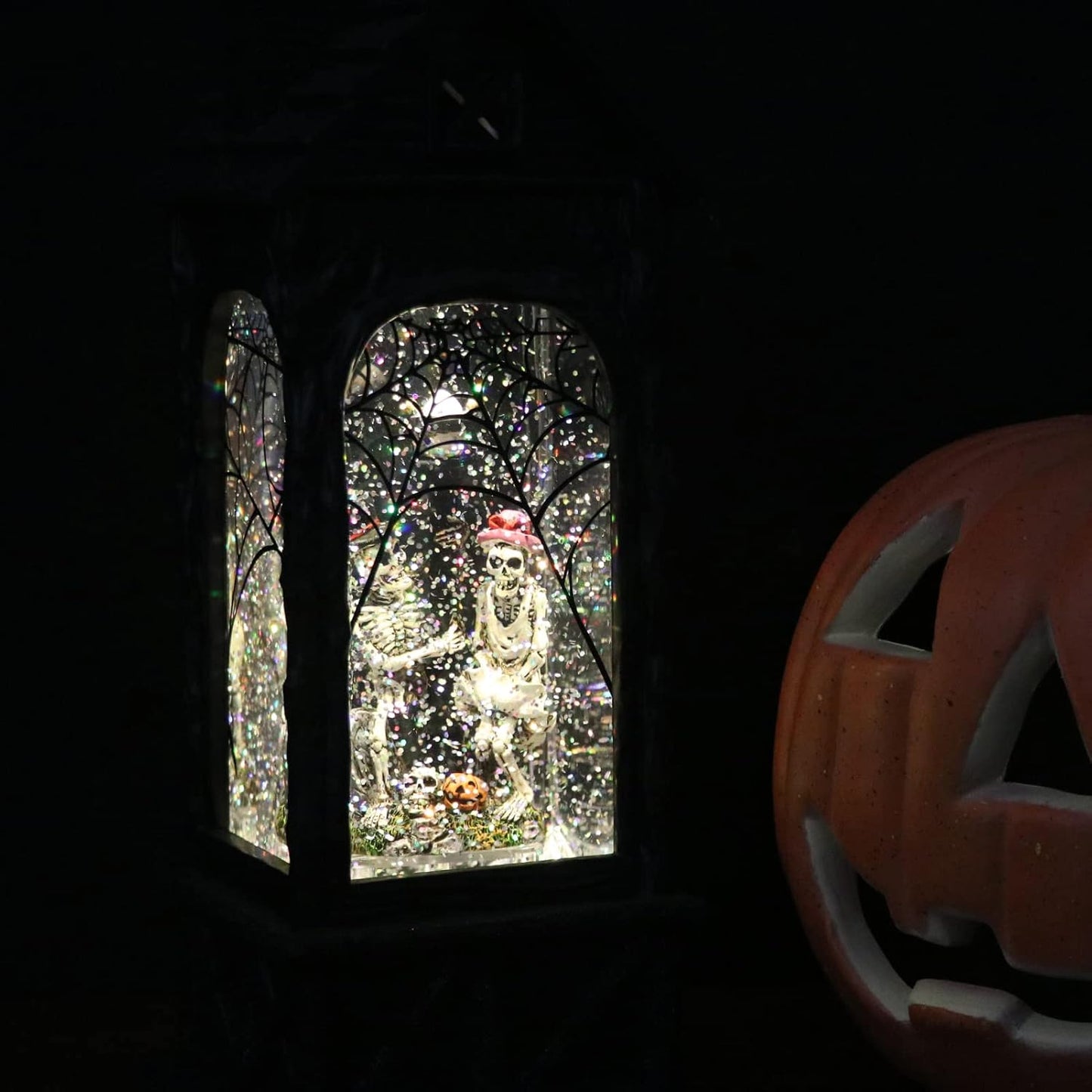 Eldnacele Halloween Ghost Projection Snow Globe Lantern with 6-Hour Timer, Lighted Plug-in & Battery Operated Water Glittering Snowing Globe Lamp for Spooky Fall Halloween Indoor Decoration(Skeleton)