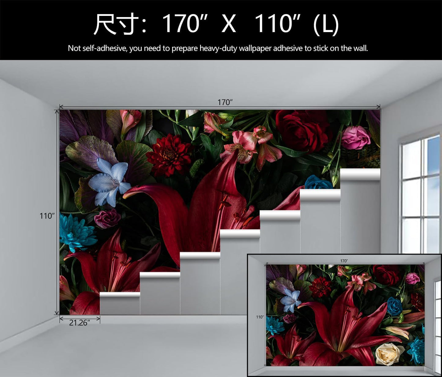 Large Dark Floral Wallpaper Colorful Spring Flowers Background Wall Mural (Not Peel and Stick)