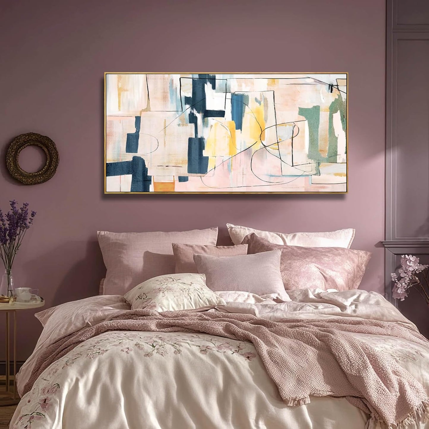 Large Abstract Canvas Wall Art Pink Painting Yellow Bedroom Decor Navy Art Photo Prints Minimalist Pictures Poster Artwork 20"x40"