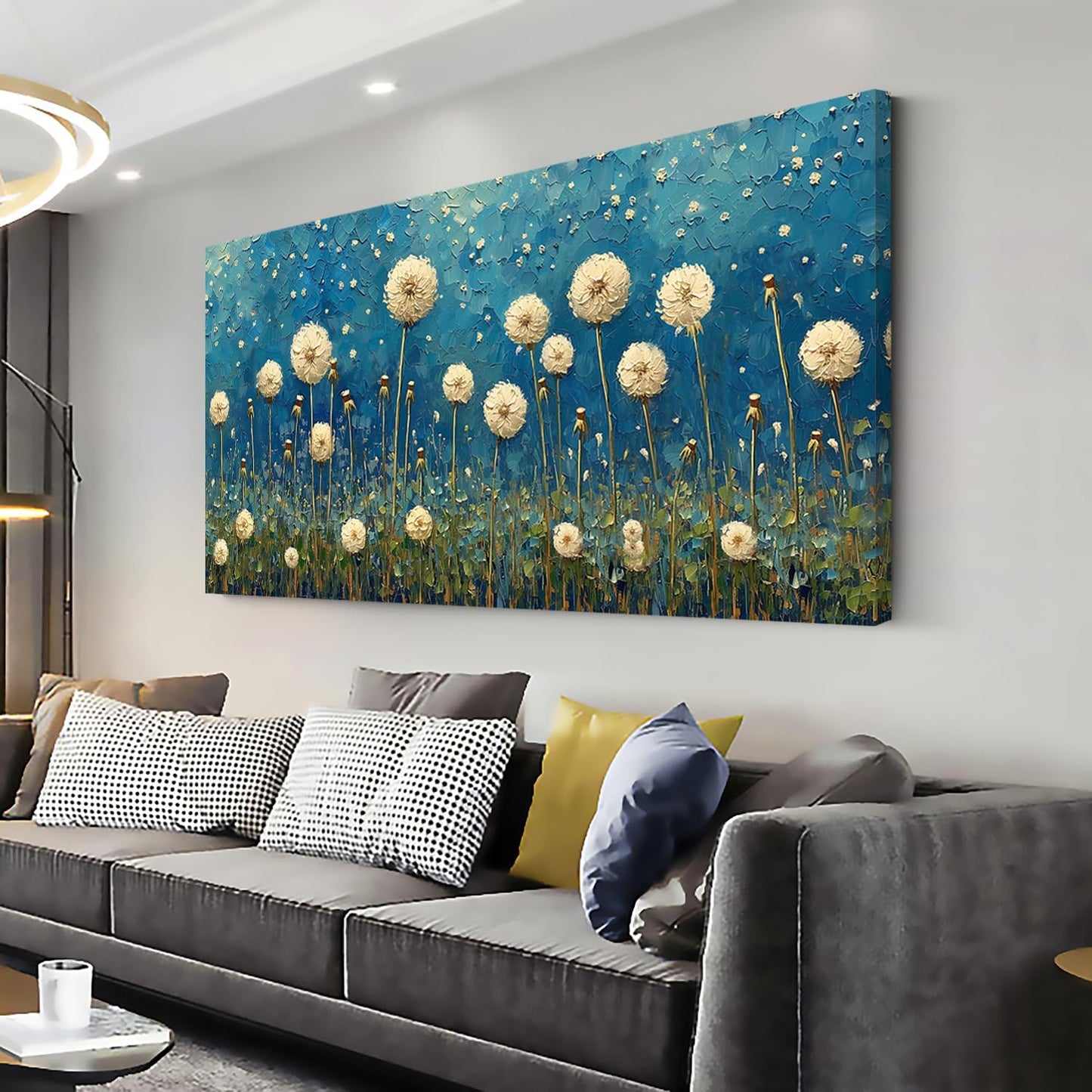 LASMOND Teal Dandelion Wall Art for Living Room Abstract Blowball Canvas Painting Prints Large Flower Floral Grassland Bedroom Decoration Modern Artwork Decor (46x23 Inches)