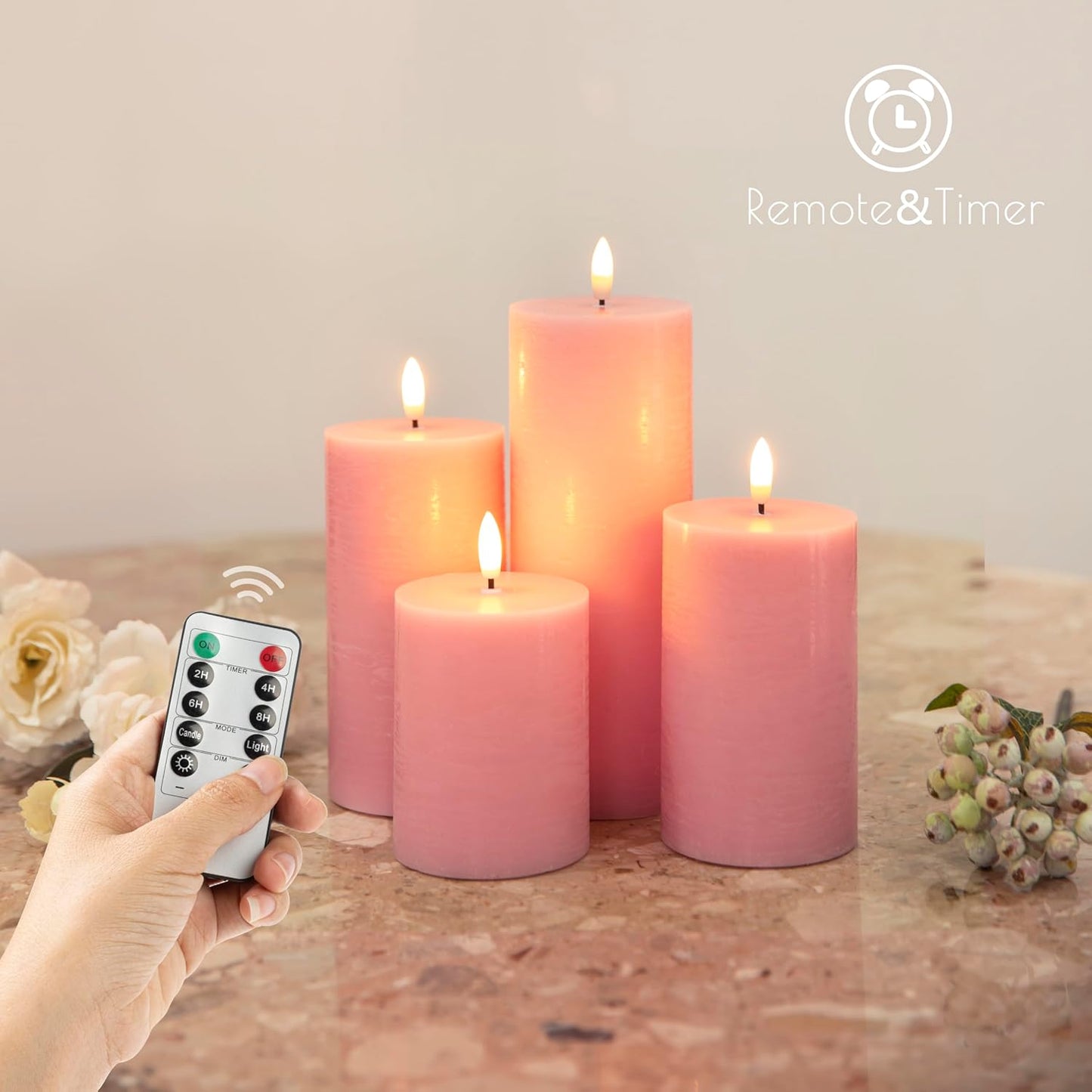 LUSHABOR Flameless Candles, 4 Pack Battery Operated Candles with Remote, Real Wax LED Fake Candles with Timer Flickering for Christmas Wedding Home Party D3 H 5" 6" 7" 9" Pink
