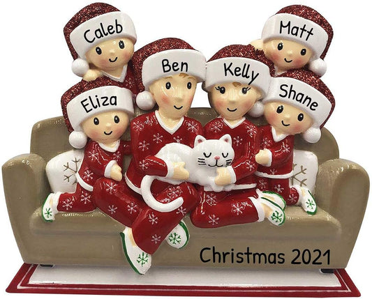 3D Matching Pajama Family of 6 with Cat Ornament 2025 Personalized Family Christmas Ornaments 2025 | Pet Lovers Personalized Tree Ornaments Customizable Gifts of Cat Lovers of Six with Pet Ornament