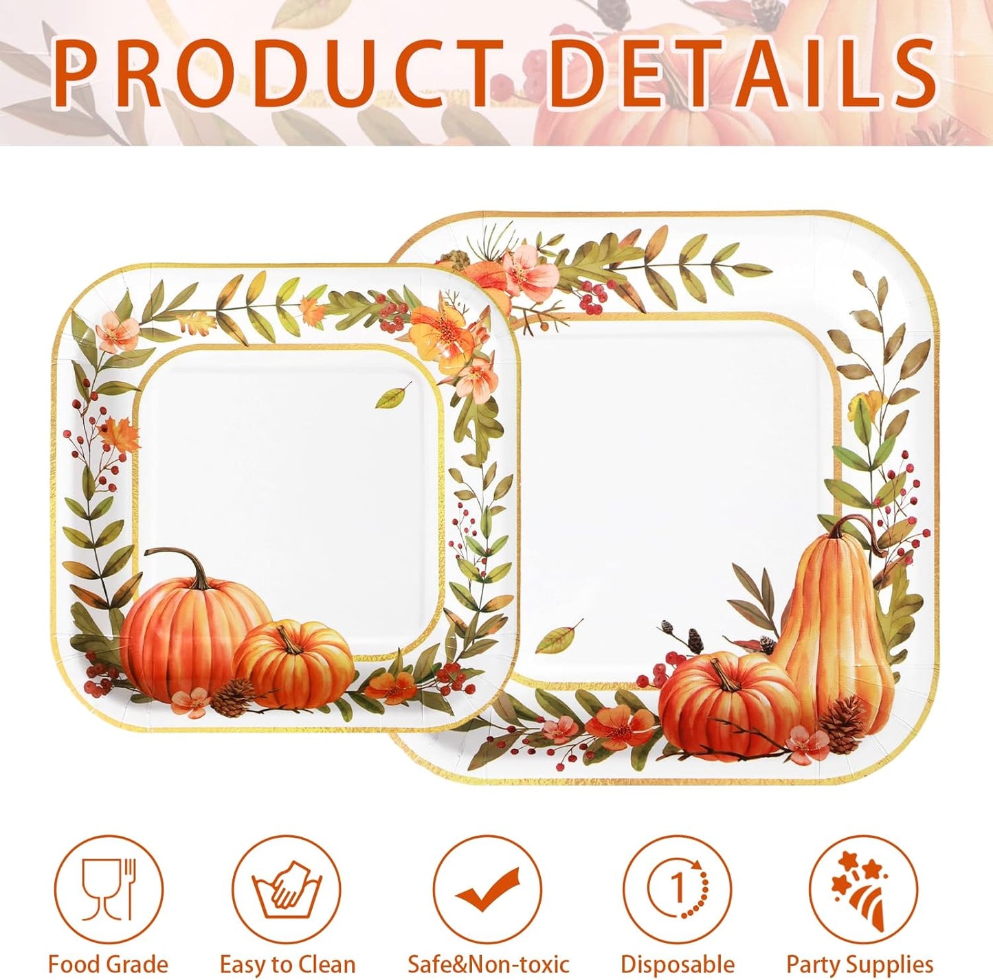 Grencian 200Pcs Fall Plates and Napkins Thanksgiving Plates Pumpkin Flower Wreath Plate Disposable Pumpkin Tableware Fall Party Supplies for Autumn Harvest Thanksgiving Party Decorations, Serves 50
